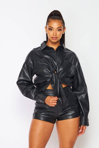 Kai Faux Leather PU Collar Shirt And Shorts Set (HDC30846)